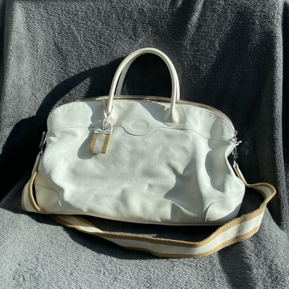 Longchamp White Leather Travel Bag with Tan & Cream Strap